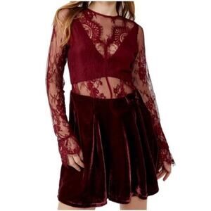 Free People Marlie Lace and Velvet Mini Dress Garnet Size Small